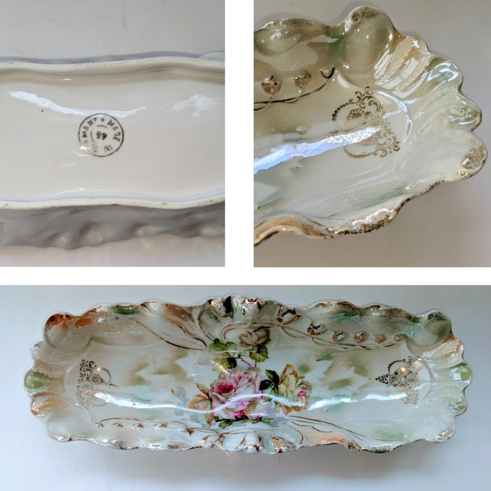 Gold Trimmed Porcelain Oval Dish Scalloped Edge 12" Made in Germany 1945 Roses